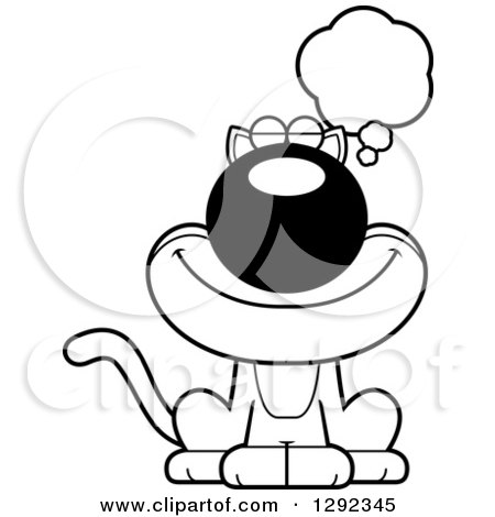 Animal Clipart of a Black and White Cartoon Happy Cat Dreaming or Thinking - Royalty Free Lineart Vector Illustration by Cory Thoman