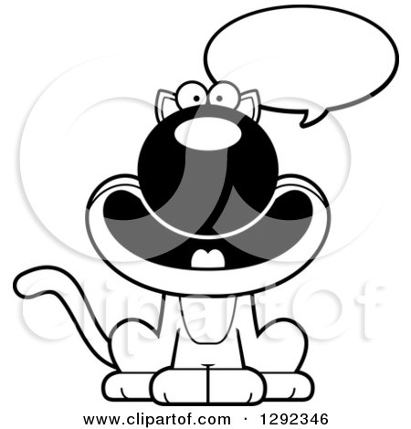 Animal Clipart of a Black and White Cartoon Happy Cat Talking - Royalty Free Lineart Vector Illustration by Cory Thoman