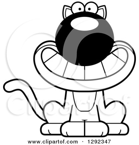 Animal Clipart of a Black and White Cartoon Happy Cat Grinning - Royalty Free Lineart Vector Illustration by Cory Thoman