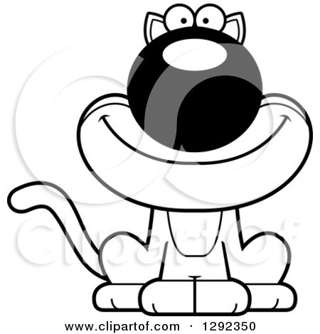 Animal Clipart of a Black and White Cartoon Happy Cat - Royalty Free Lineart Vector Illustration by Cory Thoman
