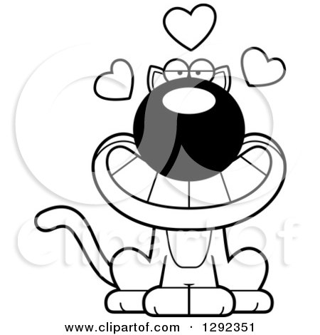 Animal Clipart of a Black and White Cartoon Romantic Cat with Love Hearts - Royalty Free Lineart Vector Illustration by Cory Thoman