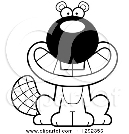 Wild Animal Clipart of a Black and White Happy Grinning Beaver - Royalty Free Lineart Vector Illustration by Cory Thoman