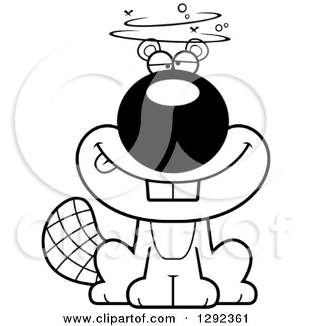 Wild Animal Clipart of a Black and White Dizzy Drunk Beaver - Royalty Free Lineart Vector Illustration by Cory Thoman