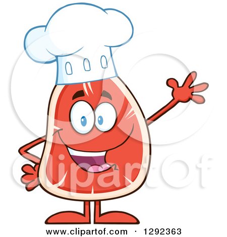 Food Clipart of a Cartoon Beef Steak Mascot Waving - Royalty Free Vector Illustration by Hit Toon