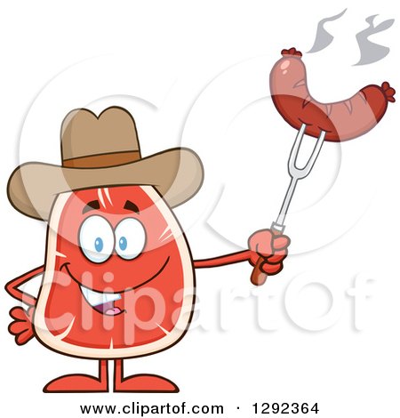 Food Clipart of a Cartoon Cowboy Beef Steak Mascot Holding a Sausage on a Fork - Royalty Free Vector Illustration by Hit Toon
