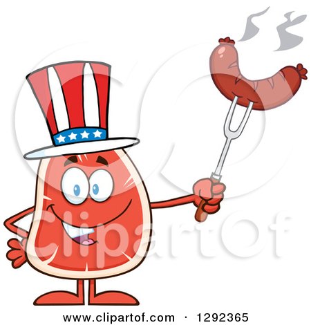 Food Clipart of a Cartoon Uncle Sam Beef Steak Mascot Holding a Sausage on a Fork - Royalty Free Vector Illustration by Hit Toon