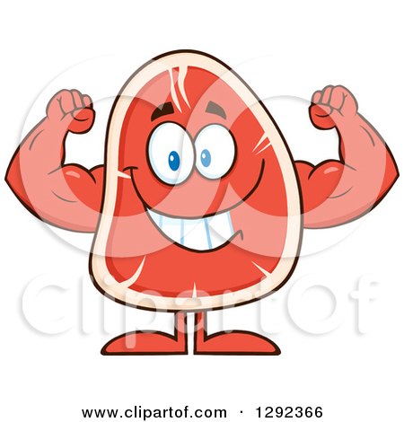 Food Clipart of a Cartoon Beef Steak Mascot Flexing His Muscular Arms - Royalty Free Vector Illustration by Hit Toon