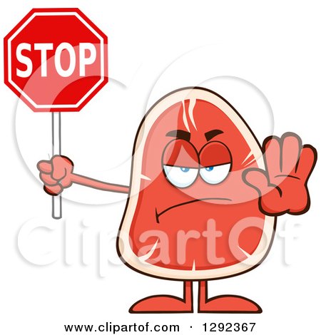 Food Clipart of a Cartoon Mad Beef Steak Mascot Holding a Stop Sign - Royalty Free Vector Illustration by Hit Toon