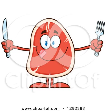 Food Clipart of a Cartoon Hungry Beef Steak Mascot Holding a Knife and Fork - Royalty Free Vector Illustration by Hit Toon