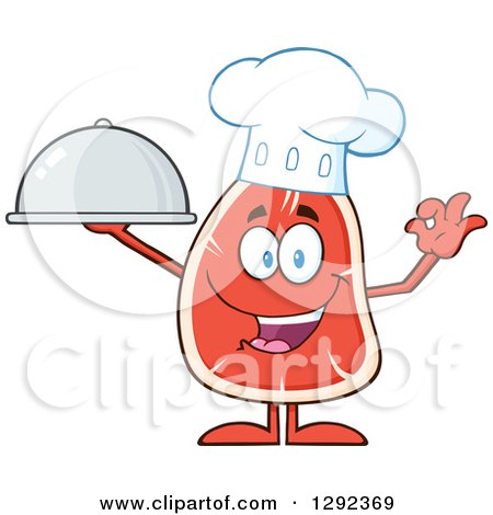 Food Clipart of a Cartoon Beef Steak Chef Mascot Holding a Cloche Platter - Royalty Free Vector Illustration by Hit Toon