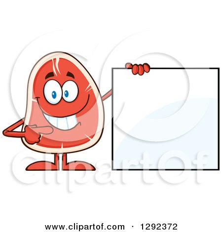 Food Clipart of a Cartoon Beef Steak Mascot Pointing to a Blank Sign - Royalty Free Vector Illustration by Hit Toon