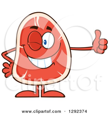 Food Clipart of a Cartoon Beef Steak Mascot Winking and Giving a Thumb up - Royalty Free Vector Illustration by Hit Toon