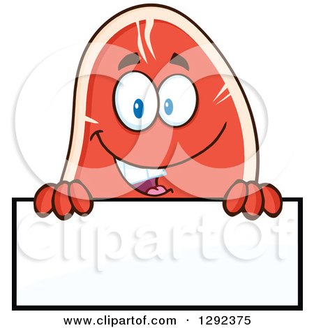 Food Clipart of a Cartoon Beef Steak Mascot Smiling over a Blank Sign - Royalty Free Vector Illustration by Hit Toon