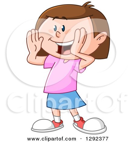 Cartoon Clipart of a Happy Brunette Caucasian Girl Holding Her Hands up to Her Mouth and Calling Someone - Royalty Free Vector Illustration by yayayoyo