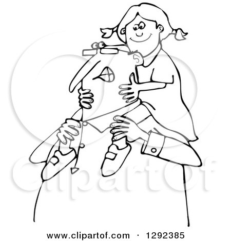 Clipart of a Black and White Happy Chubby Grandpa Carrying a Girl on His Shoulders - Royalty Free Vector Illustration by djart