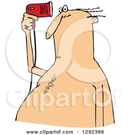Clipart of a Chubby Caucasian Bald Man Blow Drying the Few Hairs on His Head - Royalty Free Vector Illustration by djart