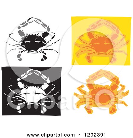 Clipart of Black and White and Orange Woodcut Crabs - Royalty Free Vector Illustration by xunantunich