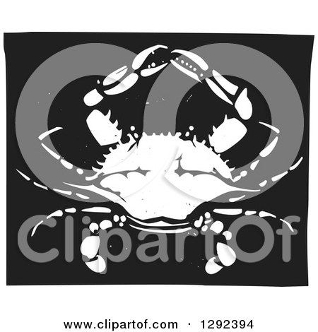 Clipart of a White Woodcut Crab on Black - Royalty Free Vector Illustration by xunantunich