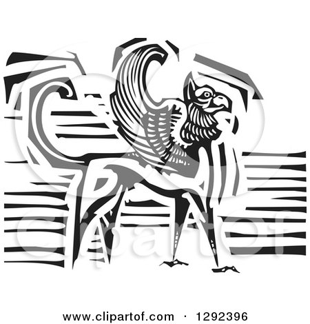 Fantasy Clipart of a Black and White Woodcut Griffin Creature - Royalty Free Vector Illustration by xunantunich