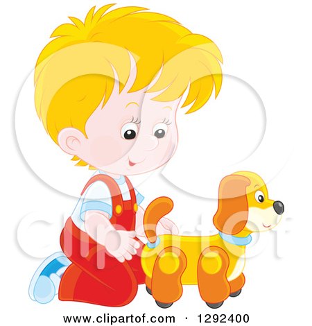 Clipart of a Blond Caucasian Boy Playing with a Toy Dog - Royalty Free Vector Illustration by Alex Bannykh