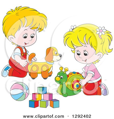 Clipart of Blond White Children Playing with a Toy Dog, Snail, Ball and Blocks - Royalty Free Vector Illustration by Alex Bannykh