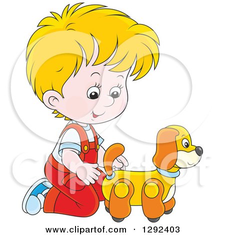 Clipart of a Blond White Boy Playing with a Toy Dog - Royalty Free Vector Illustration by Alex Bannykh