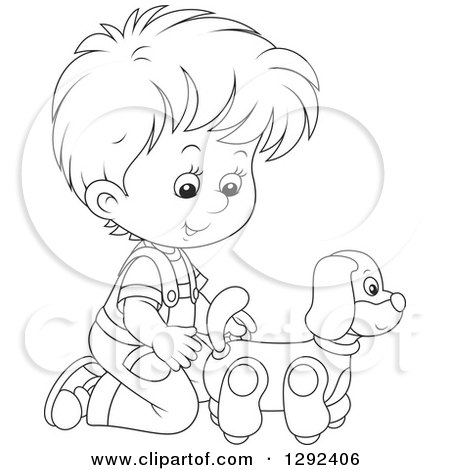 Clipart of a Black and White Boy Playing with a Toy Dog - Royalty Free Vector Illustration by Alex Bannykh