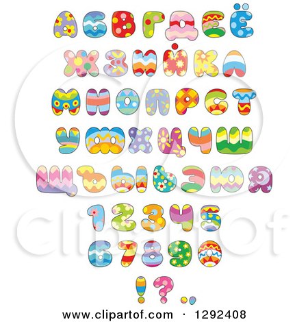 Clipart of Colorful Patterned Easter Themed Alphabet Letters, Numbers and Punctuation - Royalty Free Vector Illustration by Alex Bannykh