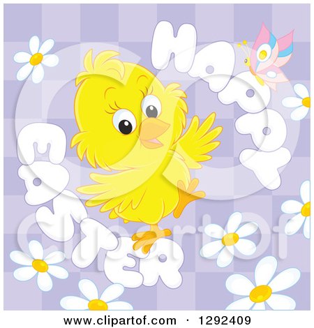 Clipart of a Happy Easter Greeting, Butterfly and Daisies Around a Yellow Chick on Purple Checkers - Royalty Free Vector Illustration by Alex Bannykh