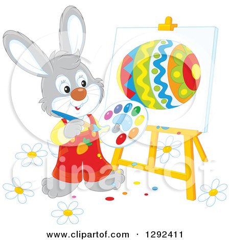 Clipart of a Happy Gray Easter Rabbit Painting an Egg on an Easel - Royalty Free Vector Illustration by Alex Bannykh