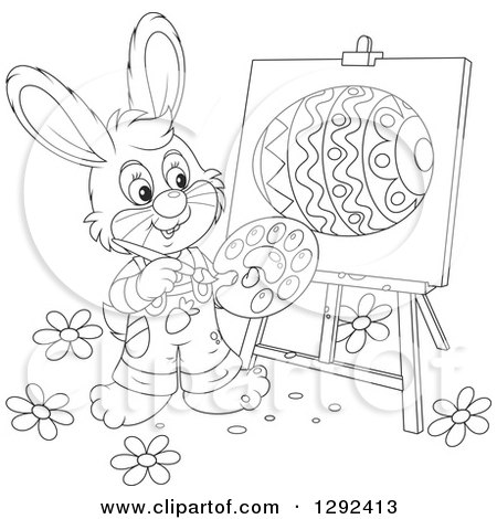 Clipart of a Happy Black and White Easter Bunny Painting an Egg on an Easel - Royalty Free Vector Illustration by Alex Bannykh