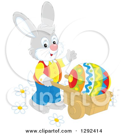 Clipart of a Happy Gray Easter Rabbit Pushing a Giant Egg in a Wheelbarrow and Waving - Royalty Free Vector Illustration by Alex Bannykh