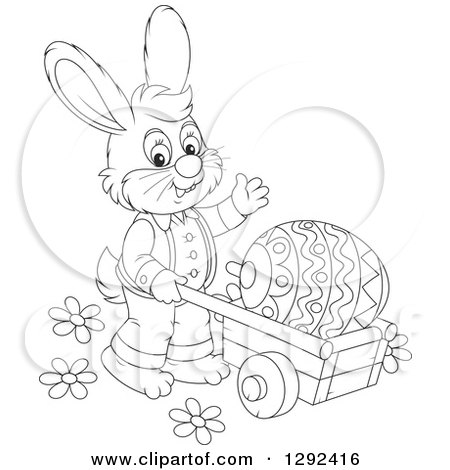 Clipart of a Happy Black and White Easter Bunny Pushing a Giant Egg in a Wheelbarrow and Waving - Royalty Free Vector Illustration by Alex Bannykh