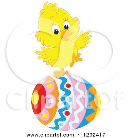 Clipart of a Cute Yellow Easter Chick Balancing on a Decorated Egg - Royalty Free Vector Illustration by Alex Bannykh