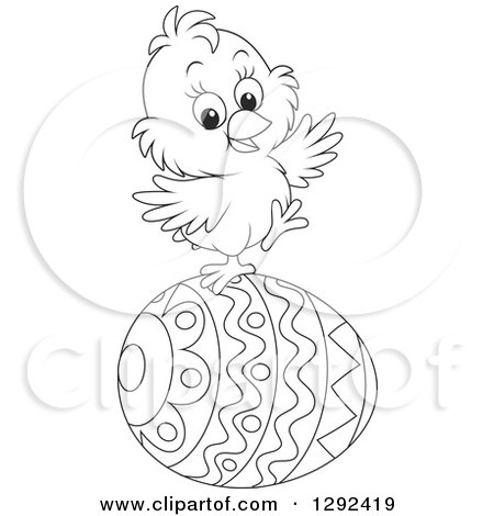 Clipart of a Happy Black and White Easter Chick Balancing on a Decorated Egg - Royalty Free Vector Illustration by Alex Bannykh