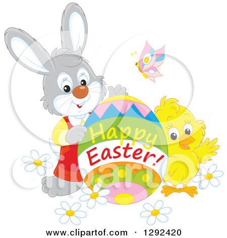 Clipart of a Gray Easter Rabbit, Chick and Butterly with a Happy Easter Greeting Egg - Royalty Free Vector Illustration by Alex Bannykh