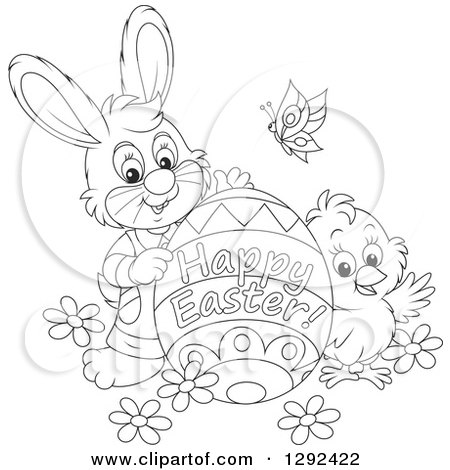 Clipart of a Black and White Easter Bunny, Chick and Butterly with a Happy Easter Greeting Egg - Royalty Free Vector Illustration by Alex Bannykh