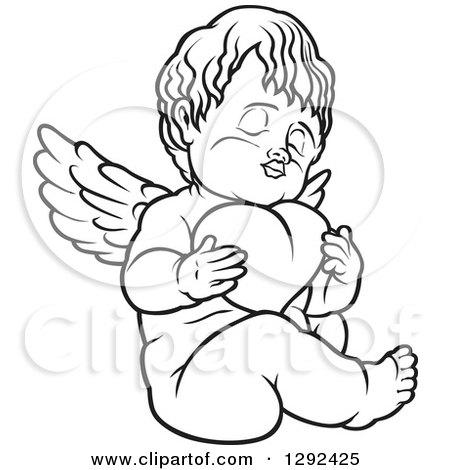 Clipart of a Black and White Angel Hugging a Heart - Royalty Free Vector Illustration by dero