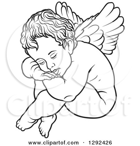 Clipart of a Black and White Nude Angel Resting His Head on His Knees - Royalty Free Vector Illustration by dero