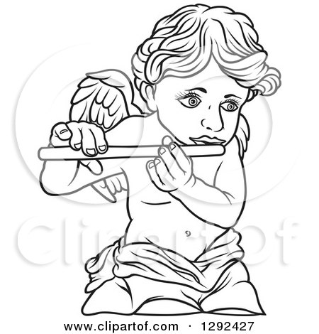 Clipart of a Black and White Angel Playing a Flute 2 - Royalty Free Vector Illustration by dero
