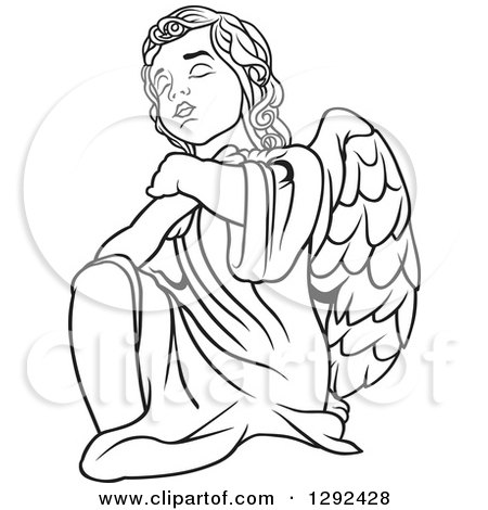 Clipart of a Black and White Angel Kneeling and Praying - Royalty Free Vector Illustration by dero