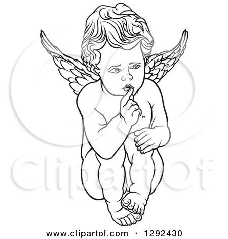 Clipart of a Black and White Angel Shushing - Royalty Free Vector Illustration by dero