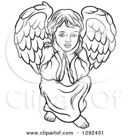 Clipart of a Black and White Angel Sitting with His Chin in His Hands - Royalty Free Vector Illustration by dero