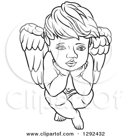 Clipart of a Black and White Boy Angel Sitting with His Chin in His Hands - Royalty Free Vector Illustration by dero