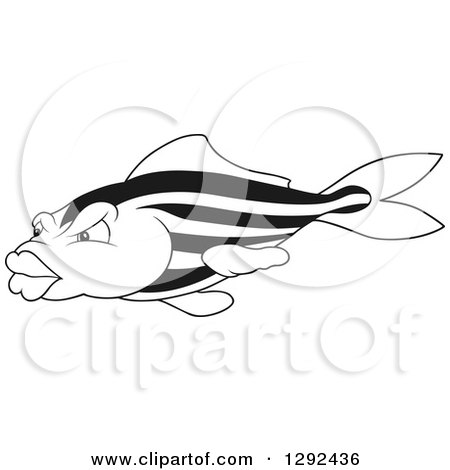 Clipart of a Black and White Striped Fish with Big Lips - Royalty Free Vector Illustration by dero