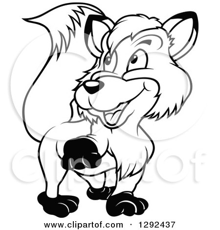 Clipart of a Black and White Cartoon Happy Fox Walking - Royalty Free Vector Illustration by dero