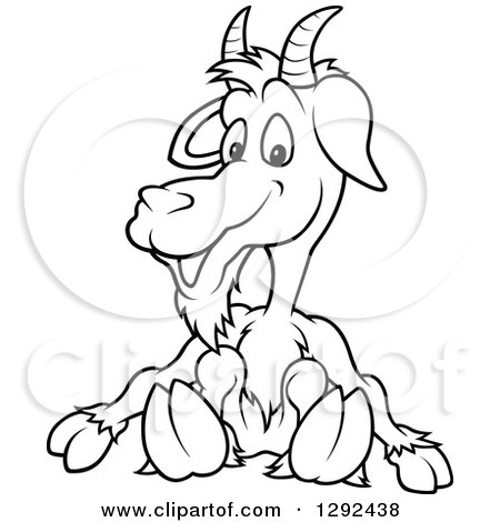 Clipart of a Black and White Cartoon Happy Goat Sitting - Royalty Free Vector Illustration by dero