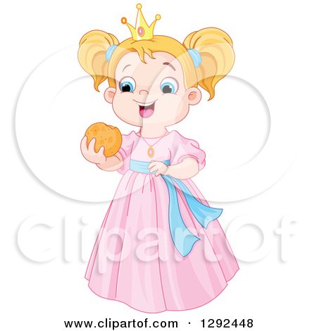 Clipart of a Strawberry Blond Caucasian Princess in a Pink Dress, Eating a Cookie - Royalty Free Vector Illustration by Pushkin