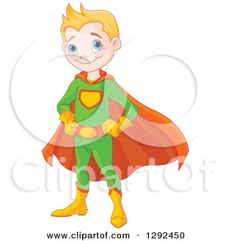 Clipart of a Blond White Happy Super Hero Boy in a Green and Orange Costume - Royalty Free Vector Illustration by Pushkin
