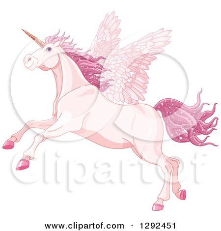 Clipart of a Rearing Pink Winged Fairy Unicorn Pegasus Horse with Magical Sparkly Hair - Royalty Free Vector Illustration by Pushkin